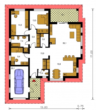 Spiegelverkehrter Entwurf | Grundriss des Erdgeschosses - BUNGALOW 117